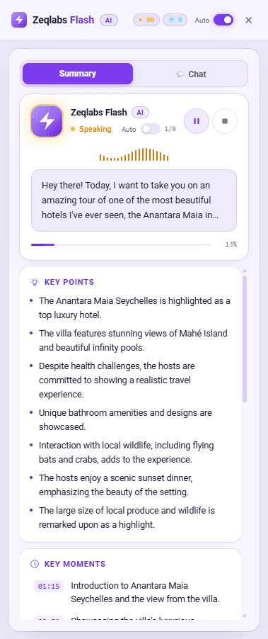 Zeqlabs Flash Chrome extension summarizing a YouTube video — key points, key moments, and timestamps